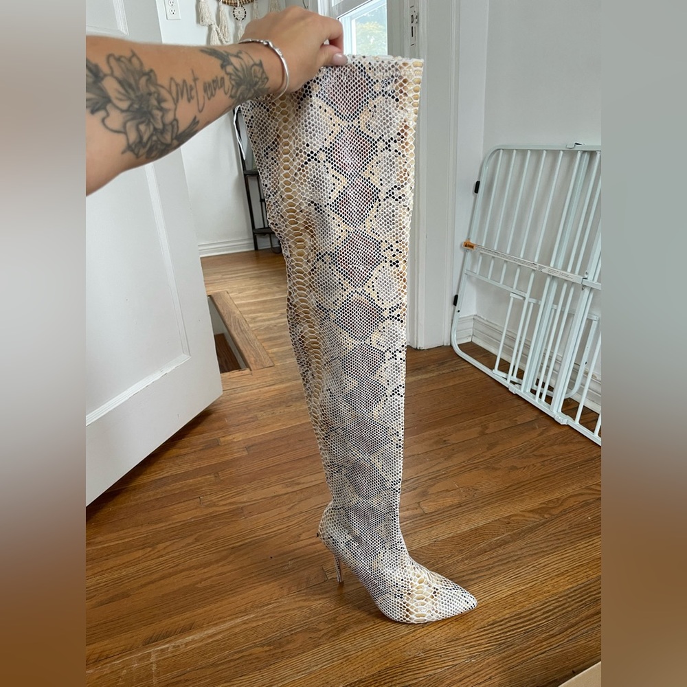 Fashion nova thigh high heels in snake print